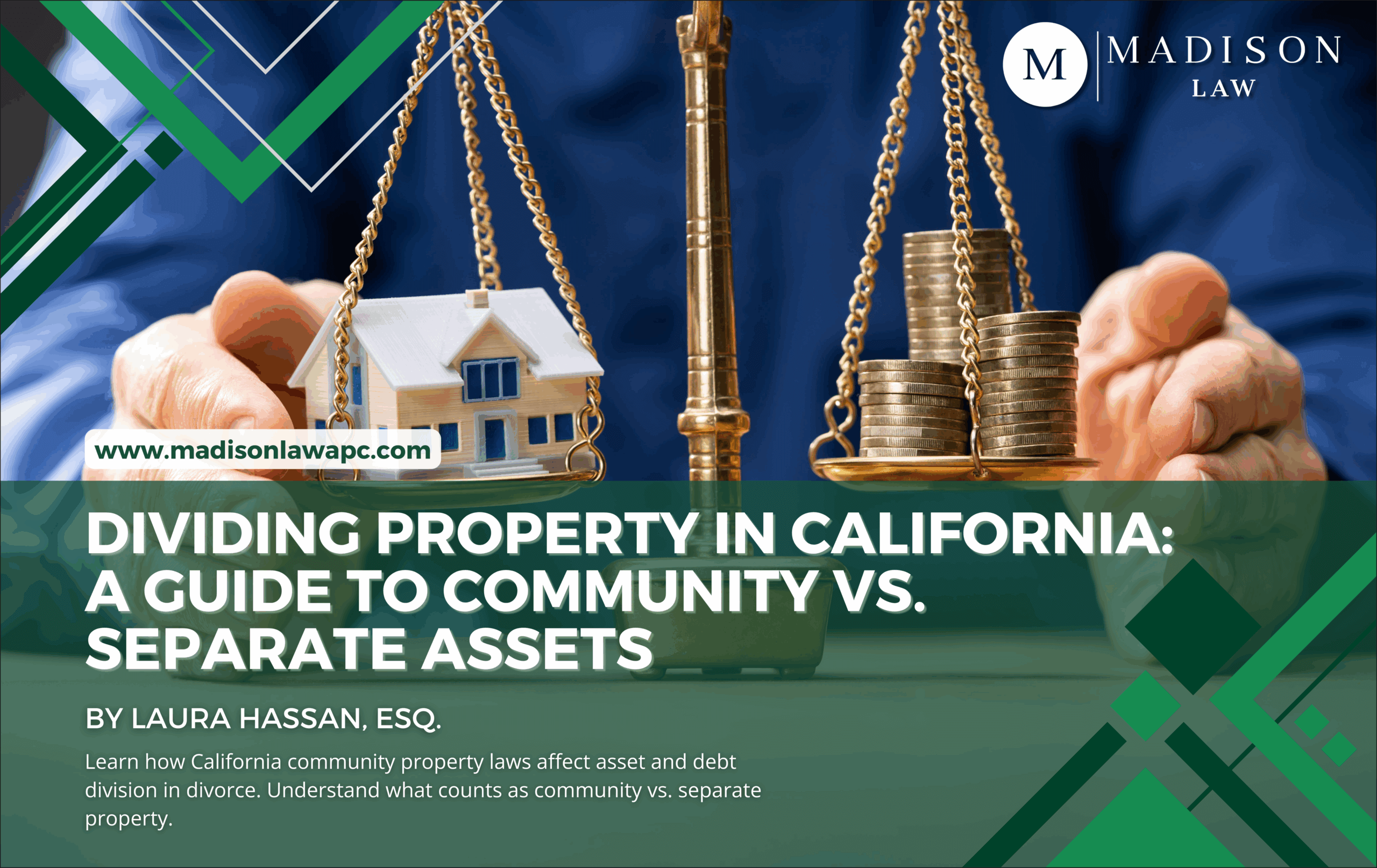 Close-up of a person holding scales with a house on one side and stacked coins on the other, symbolizing property and asset division in California divorce.