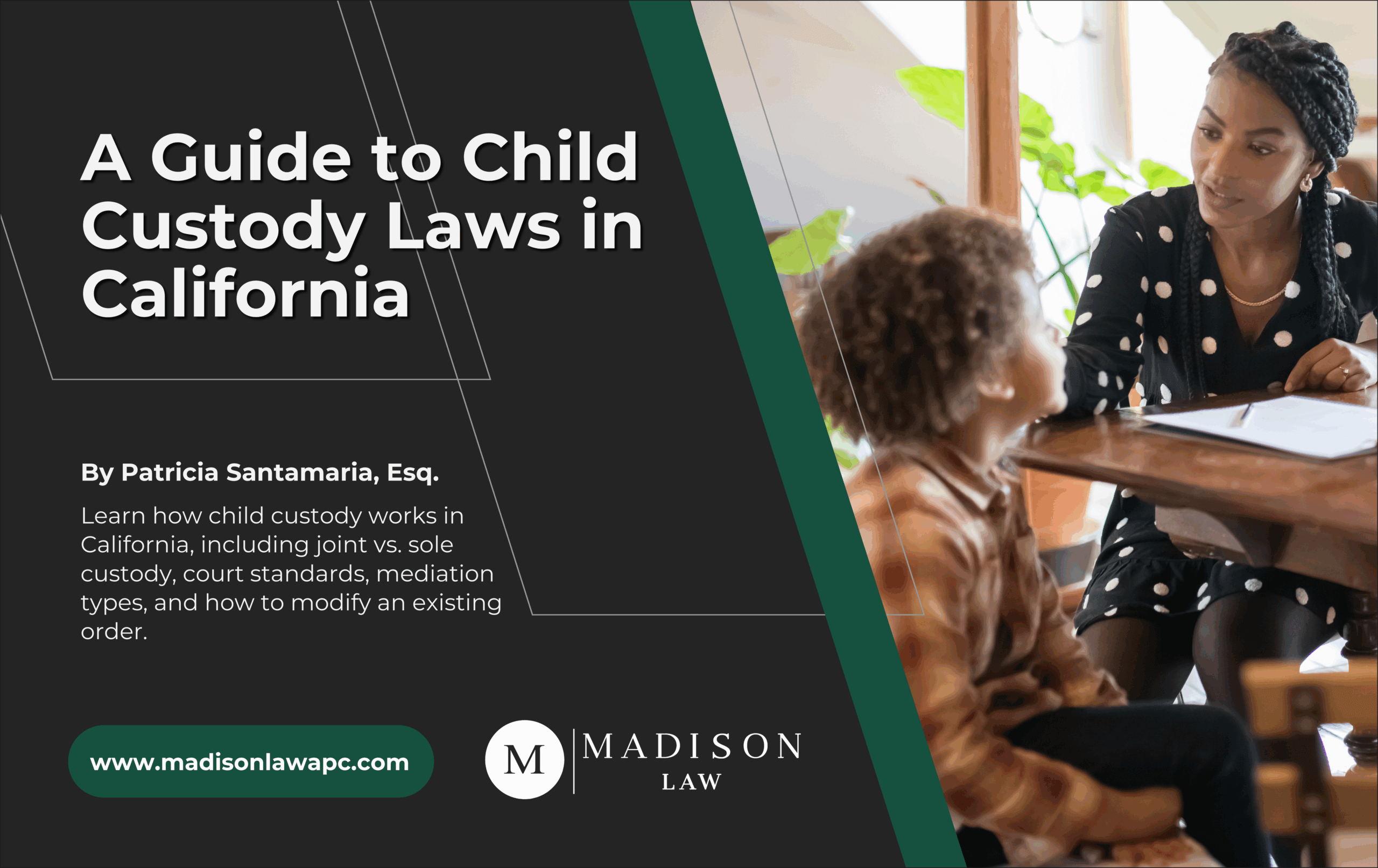 Woman attentively speaking with a young child at a table with legal documents, symbolizing a child custody consultation in California.