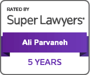 Badge showing Ali Parvaneh rated by Super Lawyers for 5 years.