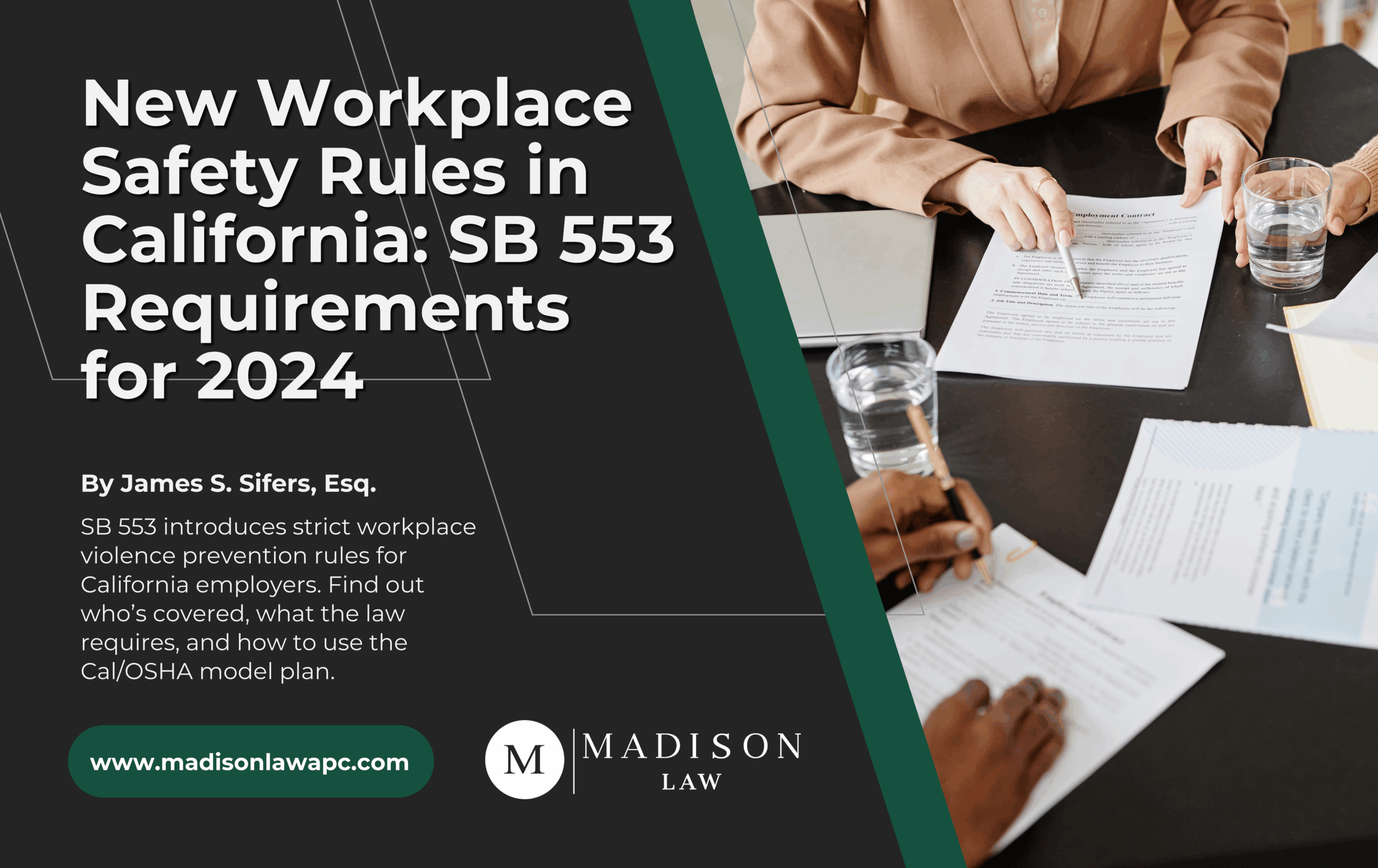 Graphic promoting California SB 553 workplace privacy rules effective 2024.