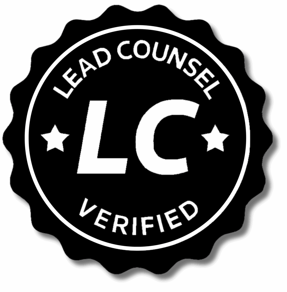 Black and white Lead Counsel Verified badge with the letters “LC” in the center, indicating recognition for legal experience and ethical standing.