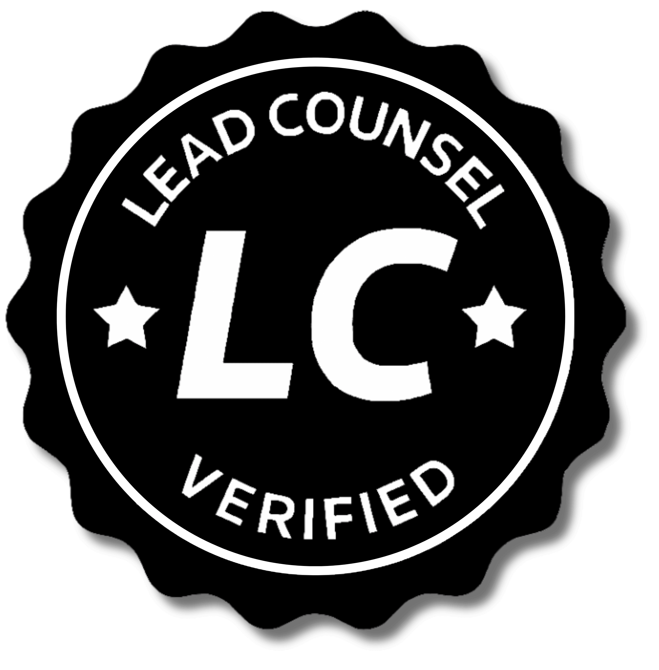 Black and white Lead Counsel Verified badge with the letters “LC” in the center, indicating recognition for legal experience and ethical standing.