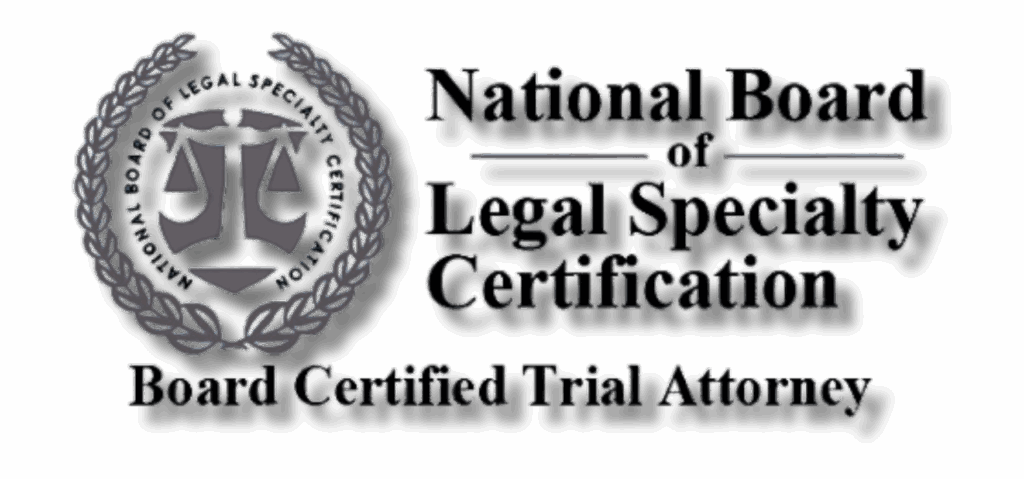 NBLSC logo with scales of justice and text stating “National Board of Legal Specialty Certification – Board Certified Trial Attorney.”