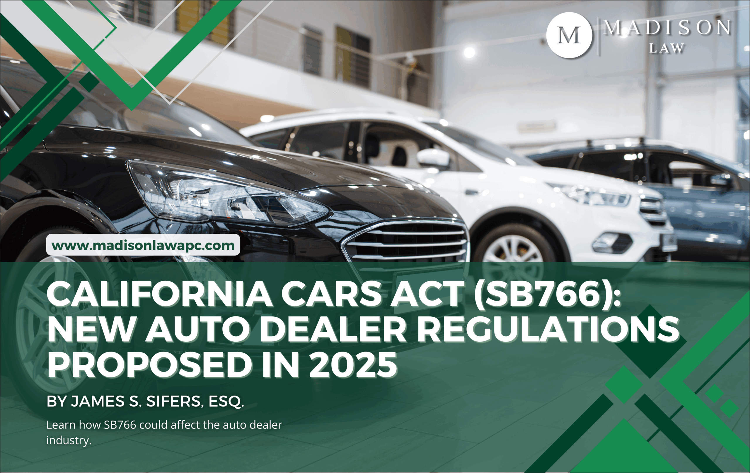 Cars in a dealership with a California Cars Act announcement banner.