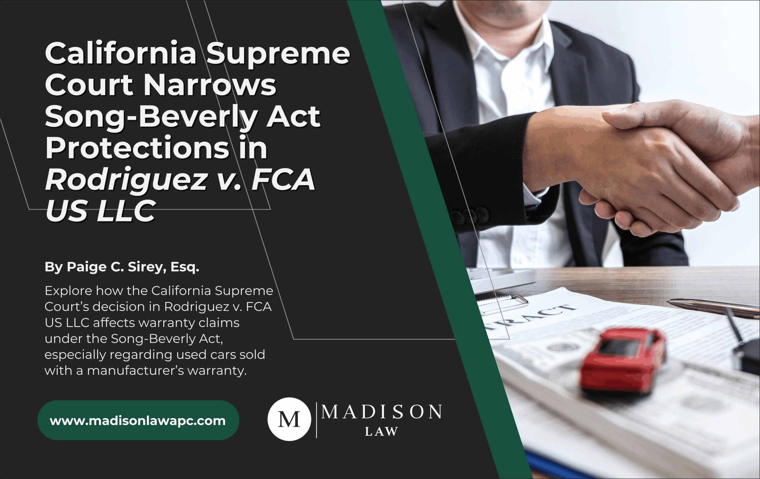 Graphic promoting article on Rodriguez v. FCA US LLC, showing handshake over vehicle contract, highlighting Song-Beverly Act warranty law.