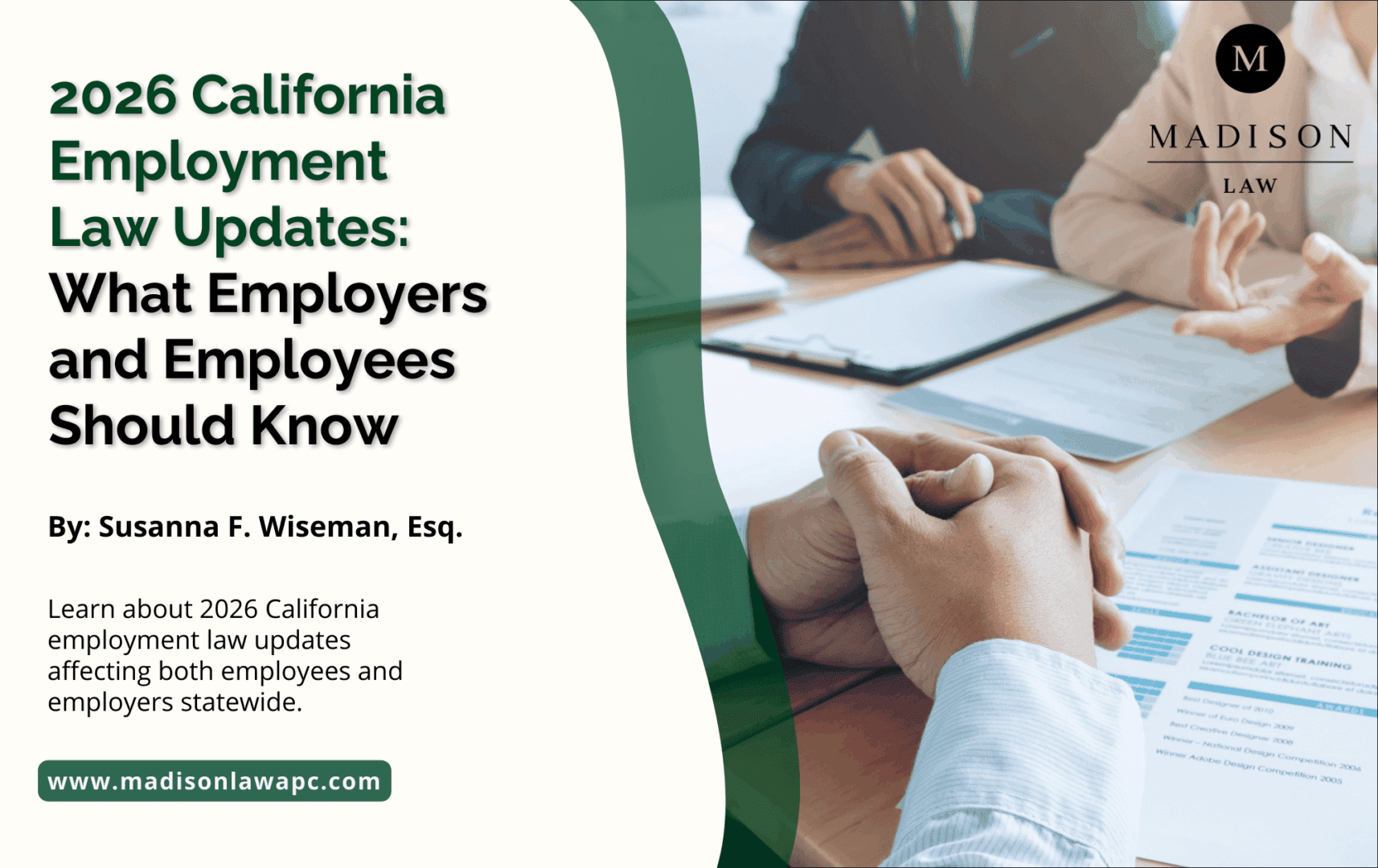 Graphic of article titled "2026 California Employment Law Updates: What Employers and Employees Should Know" by Susanna F. Wiseman, Esq., from Madison Law